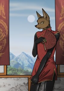 Rating: Safe Score: 0 Tags: aleone ambiguous_gender canid canine canis chinese clothing coyote coyoteodin dress e621 glistening hand_fan latex mammal overalls solo User: bunchy7s