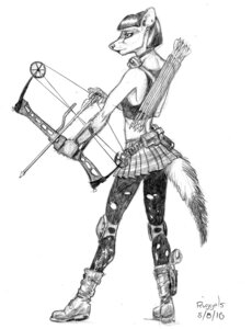 Rating: Safe Score: 0 Tags: alternative_fashion anthro arrow_(weapon) biped boots bottomwear bow_(weapon) clothed clothing compound_bow domestic_ferret e621 ear_piercing eyewear female footwear fully_clothed goggles goth gun handgun holding_gun holding_object holding_ranged_weapon holding_weapon holster knee_pads mammal midriff monochrome mustelid musteline piercing pistol quiver_(object) ranged_weapon scott_ruggels shoes side_view simple_background skirt solo standing tail traditional_media_(artwork) true_musteline weapon weasel white_background User: bunchy7s