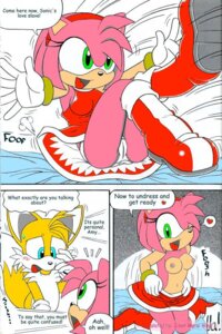 Rating: Questionable Score: 0 Tags: 2:3 amy_rose anthro breasts butt camel_toe canid canine clothing comic dialogue duo e621 english_text eulipotyphlan female fox hedgehog karate_akabon male male/female mammal miles_prower nervous nipples nude panties pink_body sega sonic_the_hedgehog_(series) text underwear undressing User: bunchy7s