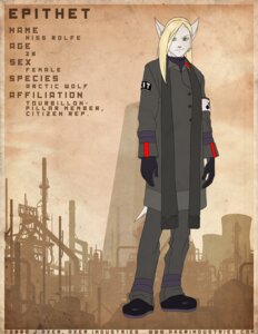 Rating: Safe Score: 0 Tags: 2008 anthro arctic_wolf armband blonde_hair canid canine canis clothing e621 english_text epithet female fur gloves green_eyes hair handwear j_axer long_coat long_hair mammal scarf solo text white_body white_fur wolf User: bunchy7s