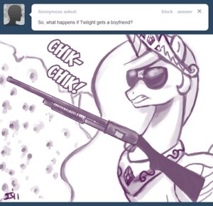 Rating: Safe Score: 0 Tags: 2011 crown e621 english_text equid equine eyewear feathered_wings feathers female feral friendship_is_magic glasses gun hasbro headgear horn john_joseco mammal my_little_pony mythological_creature mythological_equine mythology princess_celestia_(mlp) ranged_weapon shotgun solo sunglasses text tumblr weapon winged_unicorn wings User: bunchy7s