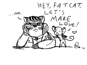 Rating: Safe Score: 0 Tags: 4:3 annoyed dialogue domestic_cat duo e621 english_text fat_cat felid feline felis male mammal monochrome mouse murid murine petname rodent text User: bunchy7s