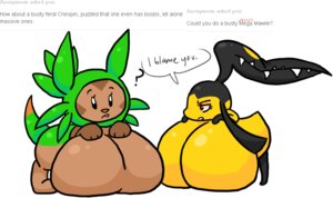 Rating: Questionable Score: 0 Tags: big_breasts breasts chespin duo e621 english_text female generation_3_pokemon generation_6_pokemon hair_mouth huge_breasts jigglybutts mawile nintendo pokemon pokemon_(species) question_mark text User: bunchy7s