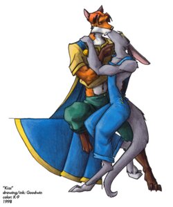 Rating: Safe Score: 0 Tags: 1998 anthro artist_collaboration canid canine chris_goodwin cloak clothing duo e621 fox k-9 kangaroo kissing macropod male male/male mammal marsupial simple_background tail white_background worker User: bunchy7s