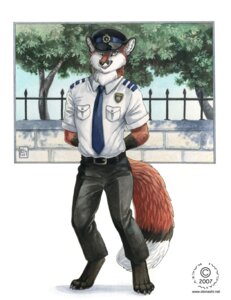 Rating: Safe Score: 0 Tags: 2007 4_toes accessory anthro barefoot belt black_body black_fur black_nose bottomwear brown_body brown_fur canid canine claws clothed clothing day detailed detailed_background digitigrade dipstick_tail e621 feet fox front_view fully_clothed fur hands_behind_back hat headgear headwear kacey looking_at_viewer male mammal markings multicolored_tail necktie officer orange_eyes outside pants peaked_cap plant police red_eyes shirt sky smile solo strobefox_(character) suit tail tail_markings toes toony topwear tree uniform white_body white_fur white_tail_tip User: bunchy7s
