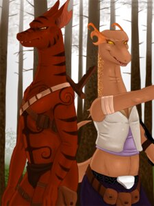 Rating: Safe Score: 0 Tags: 2013 anthro bandolier belt detailed_background duo e621 fangs female fidchellvore forest lizard male markings melee_weapon outside plant reptile scalie sword teeth tree weapon User: bunchy7s