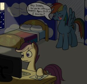 Rating: Safe Score: 0 Tags: 2013 bed blue_body blue_feathers blue_fur blush computer dialogue duo e621 electronics english_text equid equine feathered_wings feathers female feral friendship_is_magic fur furniture hair hasbro inside mammal midnight-wizard moon multicolored_hair my_little_pony mythological_creature mythological_equine mythology night pegasus pillow purple_eyes rainbow_dash_(mlp) rainbow_hair scootaloo_(mlp) text wing_boner wings young young_feral User: bunchy7s