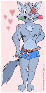 Rating: Safe Score: 0 Tags: 1999 anthro belt biped bottomwear buckle canid canine clothed clothing e621 eye_patch eyewear flower fur grey_body grey_fur heart_symbol male mammal nipples plant raymond_zachariasse rose_(flower) shorts simple_background smile solo standing tattoo topless User: bunchy7s