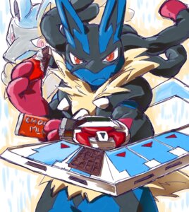 Rating: Safe Score: 0 Tags: ambiguous_gender anthro black_body black_fur blue_body blue_fur candy canid canine chocolate crossover dessert duel_disk duo e621 food fur generation_4_pokemon generation_6_pokemon konami looking_at_viewer lucario mammal mega_evolution mega_lucario nintendo parody pokemon pokemon_(species) red_body red_eyes red_fur royalsobatya solo_focus yellow_body yellow_fur yu-gi-oh! User: bunchy7s