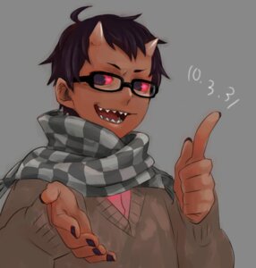Rating: Safe Score: 0 Tags: 2010 ambiguous_gender black_eyes black_hair black_nails clothing colored_nails dark_body dark_skin e621 eyewear glasses grey_background hair half-length_portrait honnomusi323 horn humanoid nails not_furry ogre portrait red_sclera scarf sharp_teeth simple_background solo teeth User: bunchy7s