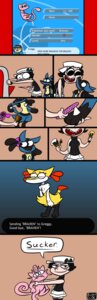 Rating: Safe Score: 0 Tags: anthro black_body black_fur blue_body blue_fur bodypaint braixen canid canine clothed clothing comic crossdressing disguise e621 english_text fedora fur generation_1_pokemon generation_4_pokemon generation_6_pokemon hat headgear headwear hi_res human humor legendary_pokemon lucario makeover male mammal meowth mew_(pokemon) nintendo paint pokemon pokemon_(species) rusheloc text yellow_body yellow_fur User: bunchy7s