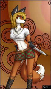 Rating: Safe Score: 0 Tags: 5_fingers :o abstract_background anthro belly belt biped black_border black_nose blonde_hair border bottomwear braided_hair breasts canid canine checkered claws clothing crop_top e621 eyebrows eyelashes female fingers fluffy fluffy_tail fox fur gilsia gloves_(marking) green_eyes grey_claws hair hi_res holding_melee_weapon holding_object holding_sword holding_weapon jewelry knife lacing leg_markings long_hair mammal markings melee_weapon midriff navel necklace nyrumx open_mouth orange_body orange_fur orange_theme pose shirt simple_background skirt socks_(marking) solo standing sword tail text topwear weapon white_belly white_body white_fur User: bunchy7s