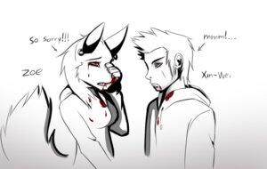 Rating: Questionable Score: 0 Tags: 2012 anthro apology blood blood_on_clothing blood_on_face bodily_fluids canid canine clothing duo e621 english_text human male mammal nnecgrau nosebleed partially_colored side_view simple_background tail text violence zoe_(nnecgrau) User: bunchy7s