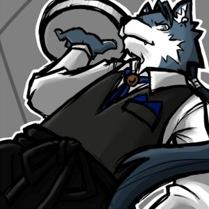 Rating: Safe Score: 0 Tags: 1:1 abstract_background anthro canid canine canis clothed clothing e621 fully_clothed holding_object male mammal otoutama solo waiter wolf User: bunchy7s