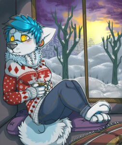 Rating: Safe Score: 0 Tags: anthro barefoot beverage biped blue_hair blush canid canine canis clothed clothing cloud detailed_background digital_media_(artwork) domestic_dog e621 ear_piercing feet female food forest fur hair hi_res husky inside mammal neck_tuft nordic_sled_dog piercing pillow plant shaded snow solo spazzyhusky spitz sweater ti_(spazzyhusky) topwear tree tuft window winter yellow_eyes User: bunchy7s