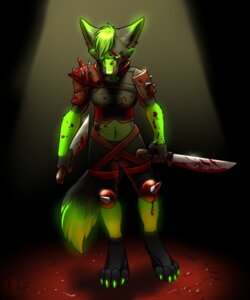Rating: Questionable Score: 0 Tags: anthro blood bodily_fluids canid canine digital_media_(artwork) e621 female green_eyes hi_res holding_object holding_weapon mammal nexus_folf radioactive solo spikes tail vallhound weapon User: bunchy7s