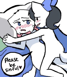Rating: Questionable Score: 0 Tags: accessory aliasing anthro bed bittersweet_candy_bowl black_hair blue_eyes blush bow_(feature) bow_accessory bow_ribbon dialogue digital_media_(artwork) domestic_cat duo e621 english_text felid feline felis female female/female furniture hair hair_accessory hair_bow hair_ribbon hand_holding khao_manee low_res lucy_(bcb) mammal pillow ribbons sandy_(bcb) simple_background taeshi_(artist) tail text white_background User: bunchy7s