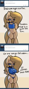 Rating: Questionable Score: 0 Tags: anthro anthrofied backy_(ask-backy) bedroom_eyes biped blue_eyes blush bottomless breasts brown_hair clothed clothing collar cutie_mark e621 earth_pony english_text equid equine fan_character female fur hair half-closed_eyes hands_behind_back hasbro hi_res horse looking_at_viewer mammal my_little_pony narrowed_eyes navel panties pony seductive shirt simple_background slavedemorto sleeveless_clothing smile solo standing tan_body tan_fur tank_top text topwear tumblr underwear white_background User: bunchy7s