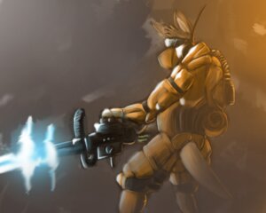 Rating: Safe Score: 0 Tags: 2008 5:4 anthro armor e621 gun kangaroo macropod male mammal marsupial military ranged_weapon rifle science_fiction solaxe_(artist) soldier solo tail warrior weapon User: bunchy7s