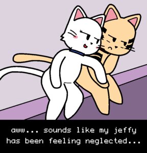 Rating: Safe Score: 0 Tags: anthro collar dialogue domestic_cat duo e621 english_text felid feline felis jeff_(pronista) male mammal pronista sam_(pronista) text User: bunchy7s