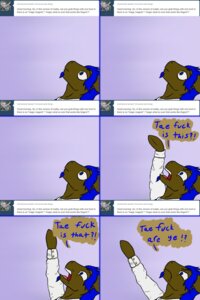 Rating: Questionable Score: 0 Tags: 10_souls 2:3 anthro blue_eyes blue_hair brown_body brown_fur clothed clothing comic confusion e621 english_text equid exclamation_point facial_hair fan_character frown fur goatee grey_background hair hasbro hi_res interrobang lovingwolf male mammal my_little_pony purple_background question_mark simple_background text User: bunchy7s