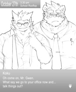 Rating: Safe Score: 0 Tags: 5_fingers accessory anthro clothed clothing dialogue duo e621 english_text eyewear fingers gameplay_mechanics generation_1_pokemon gengar ghost glasses greyscale hair koku_(character) kokukokuboo looking_at_viewer male monochrome necktie nintendo pen pokemon pokemon_(species) shirt simple_background smile spirit text topwear uniform User: bunchy7s
