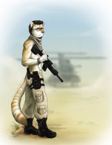 Rating: Safe Score: 0 Tags: aircraft anthro biped black_boots black_clothing black_eyewear black_footwear black_hair blurred_background boots bottomwear brown_body brown_ears brown_fur brown_markings brown_nose brown_stripes brown_tail clothed clothing desert detailed_background dirt e621 eyewear felid footwear fur glasses gun hair helicopter holding_gun holding_object holding_ranged_weapon holding_weapon kerchief khaki_pants male mammal markings military multicolored_body multicolored_fur multicolored_tail neckerchief neckwear outside pantherine pants pockets ranged_weapon shemagh shoes solo standing striped_body striped_fur striped_markings striped_tail stripes tail tail_markings tan_bottomwear tan_clothing tan_kerchief tan_neckerchief tan_pants thetiedtigress tiger topless two_tone_body two_tone_fur two_tone_tail vehicle weapon white_body white_fur white_tail User: bunchy7s