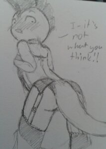 Rating: Questionable Score: 0 Tags: ambiguous_gender anthro blush butt caught_in_the_act clothing e621 english_text generation_5_pokemon lingerie looking_at_viewer looking_back monochrome nintendo pokemon pokemon_(species) scrafty solo text vono User: bunchy7s