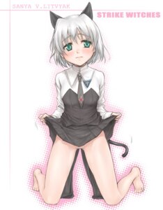 Rating: Explicit Score: 0 Tags: animal_ears bare_legs barefoot blush cat_ears clothing female flat_chest green_eyes kanda_aya kneeling necktie no_legwear no_panties pointy_chin rule34 sanya_v._litvyak short_hair silver_hair skirt skirt_lift strike_witches tail world_witches_series User: bunchy7s