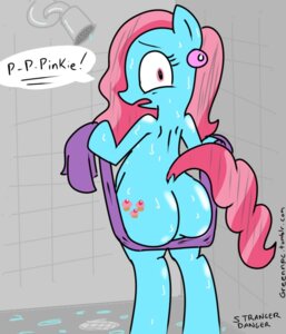 Rating: Questionable Score: 0 Tags: 2013 butt cutie_mark e621 ear_piercing earth_pony english_text equid equine female feral friendship_is_magic hair hasbro horse looking_back mammal mrs._cake_(mlp) my_little_pony open_mouth piercing pink_eyes pink_hair pony shower solo strangerdanger tail text towel wet wet_mane User: bunchy7s