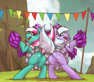 Rating: Questionable Score: 0 Tags: 2014 atryl blue_eyes bottomwear butt clothing cutie_mark detailed_background digital_media_(artwork) duo e621 equid equine female feral fizzy_pop_(mlp) friendship_is_magic fur green_body green_fur hasbro lilac_sky_(mlp) looking_at_viewer mammal my_little_pony mythological_creature mythological_equine mythology open_mouth open_smile pegasus pom_poms purple_body purple_eyes purple_fur skirt smile wings User: bunchy7s