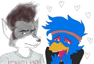 Rating: Safe Score: 0 Tags: anthro avian beak bird blue_body blue_feathers canid canine canis duo e621 falco_lombardi feathers fox fredryk_phox male mammal morrissey nintendo simple_background star star_fox white_background wolf User: bunchy7s