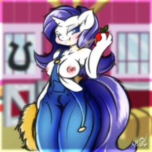 Rating: Questionable Score: 0 Tags: 1:1 2014 anthro anthrofied apple blue_eyes blush breasts clothing digital_media_(artwork) e621 equid equine female food friendship_is_magic fruit fur hair hasbro hi_res horn koffeekuma looking_at_viewer mammal my_little_pony mythological_creature mythological_equine mythology nipples overalls plant purple_hair rarity_(mlp) smile solo unicorn white_body white_fur User: bunchy7s