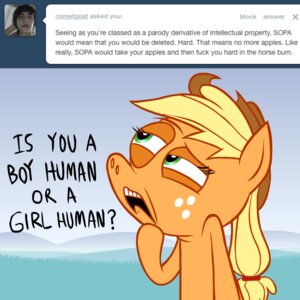 Rating: Safe Score: 0 Tags: 1:1 applejack_(mlp) ask_blog ask_jappleack blonde_hair clothing dialogue e621 earth_pony english_text equid equine eyelashes featureless_hands female friendship_is_magic green_eyes hair hasbro hat headgear headwear horse hotdiggedydemon human male mammal my_little_pony pony profanity solo text toony tumblr user_message username User: bunchy7s
