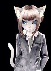 Rating: Safe Score: 0 Tags: anthro azumaotoko biped blue_eyes brown_hair button_(fastener) clothed clothing coat domestic_cat e621 felid feline felis female hair mammal pink_nose pose simple_background solo standing tail topwear User: bunchy7s