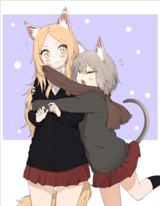 Rating: Safe Score: 0 Tags: :o >:o >:s animal_humanoid arms_bent bent_leg black_clothing black_legwear blonde_hair blush bodily_fluids bottomwear cardigan cat_humanoid cat_tail clothing curled_fingers duo e621 eyes_closed fangs felid felid_humanoid feline feline_humanoid female flying_sweatdrops grey_hair hair hug humanoid leaning_on_another legs_together legwear mammal mammal_humanoid naraba_yueni on_one_leg open_mouth scarf sharing_clothing sharing_scarf skirt standing straight_leg straight_legs sweat sweatdrop sweater teeth topwear yellow_eyes User: bunchy7s