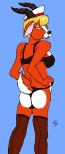 Rating: Questionable Score: 0 Tags: antelope anthro blonde_hair blue_background bovid bra breasts butt cartoon_network clothing e621 female gazelle hair half-closed_eyes horn legwear looking_at_viewer looking_back mammal my_gym_partner's_a_monkey narrowed_eyes nurse nurse_gazelle orange_body panties rascalraccoon simple_background solo stockings underwear User: bunchy7s