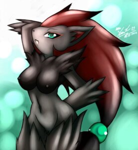 Rating: Questionable Score: 0 Tags: 2010 anthro anthrofied biped black_body black_fur black_hair blue_background breasts canid canine e621 female fur generation_5_pokemon glistening green_eyes hair hi_res long_hair looking_at_viewer mammal mnxenx001 navel nintendo nipples nude open_mouth pink_body pink_nose pink_skin pokemon pokemon_(species) pokemorph pose raised_arm red_body red_hair red_skin shadow simple_background solo standing white_background zoroark User: bunchy7s