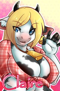 Rating: Questionable Score: 0 Tags: 2:3 anthro bell big_breasts blonde_hair bovid bovine breasts cattle claire_(syntaxerror22) cleavage clothed clothing dairy_cattle digital_media_(artwork) e621 ear_piercing female gesture hair hi_res holstein_friesian_cattle jewelry mammal necklace nipple_outline piercing shaded skimpy solo spazzykoneko waving User: bunchy7s