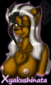 Rating: Questionable Score: 0 Tags: anthro breasts canid canine e621 female hair half-length_portrait hi_res mammal nipples nude one_eye_closed portrait purple_eyes raccoon_dog solo tanuki tanukiarts tongue white_hair wink User: bunchy7s
