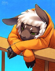 Rating: Safe Score: 0 Tags: 2013 ambiguous_gender anthro artist_name black_body blue_background bored bovid caprine clothing digital_media_(artwork) domestic_sheep e621 falvie fingers fur green_eyes half-closed_eyes hoodie hooved_fingers hooves leaning mammal narrowed_eyes pensive sheep simple_background solo text topwear white_body white_fur white_wool wool_(fur) User: bunchy7s