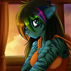 Rating: Safe Score: 0 Tags: 1:1 2013 alternative_fashion anthro blue_eyes chest_tuft clothing digital_media_(artwork) e621 ear_piercing eye_through_hair felid feline female fur green_body green_fur hair half-length_portrait hoodie industrial_piercing kit_nabarii looking_at_viewer mammal multicolored_hair orange_clothing orange_topwear piercing pink_nose portrait rainbow_hair scene_(fashion) shirt solo stripes sunset tank_top three-quarter_view topwear translucent translucent_hair tuft window wolflady User: bunchy7s