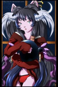 Rating: Questionable Score: 0 Tags: 2:3 ball black_hair blue_eyes chinese_text clothing digital_media_(artwork) domestic_cat e621 ear_piercing feathered_wings feathers felid feline felis female hair head_wings lace mammal ofuda panties piercing solo talisman text translated underwear unusual_wing_placement vampirexpenguin wings User: bunchy7s