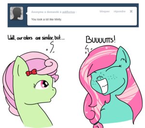Rating: Safe Score: 0 Tags: 2012 accessory bow_(feature) bow_accessory bow_ribbon cutie_mark dialogue duo e621 english_text equid equine female feral florina_(mlp) freckles friendship_is_magic hair hair_accessory hair_bow hair_ribbon hasbro horse mammal minty_(mlp_g3) mlp_g3 my_little_pony pink_hair pony pre-g4 ribbons simple_background smile text tumblr unknown_artist white_background User: bunchy7s