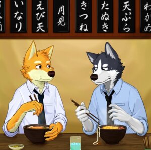 Rating: Safe Score: 0 Tags: accessory anthro bodily_fluids canid canine canis chopsticks clothing collared_shirt domestic_dog dress_shirt duo e621 eating embarrassed food japan japanese_text lobotalow male mammal necktie noodles shirt soup steam sweat sweatdrop text topwear User: bunchy7s