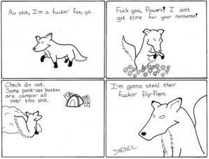 Rating: Safe Score: 0 Tags: ambiguous_gender canid canine comic digitigrade e621 english_text feral fox gloves_(marking) humor jeff_hencz leg_markings mammal markings monochrome profanity quadruped socks_(marking) tail tent text User: bunchy7s