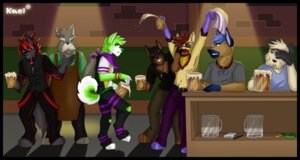 Rating: Safe Score: 0 Tags: alcohol anthro bar beverage black_border border canid canine canis clothed clothing collar digitigrade domestic_dog drinking e621 eyewear food glasses group kael_tiger kalak_(luthoro) kerchief male mammal niic tail topless User: bunchy7s