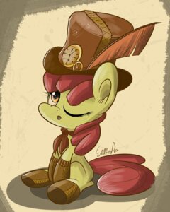 Rating: Safe Score: 0 Tags: 2013 4:5 apple_bloom_(mlp) clock clothing e621 earth_pony equid equine female feral friendship_is_magic hair hasbro hat headgear headwear hi_res horse legwear looking_up loose_feather mammal my_little_pony one_eye_closed open_mouth pony red_hair scarf signature sitting slitherpon solo stockings top_hat wink young young_feral User: bunchy7s