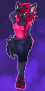 Rating: Safe Score: 0 Tags: abstract_background alternative_fashion anthro biped bottomwear breasts canid canine canis clothing collar e621 female footwear hair heart_symbol heresy-darling hi_res high_heels looking_at_viewer mammal pink_clothing platform_footwear platform_heels red_eyes red_hair scene_(fashion) scene_haircut shoes shorts simple_background solo tail wolf User: bunchy7s