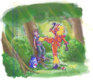 Rating: Questionable Score: 0 Tags: anthro avian backpack big_breasts bird blaziken breasts clothing detailed_background duo e621 female flirting forest generation_3_pokemon human male mammal nature nintendo nipples outside plant pokeball pokeball_clothing pokemon pokemon_(species) pokemorph seductive smile spread_legs spreading standard_pokeball tree watermark weasselk User: bunchy7s